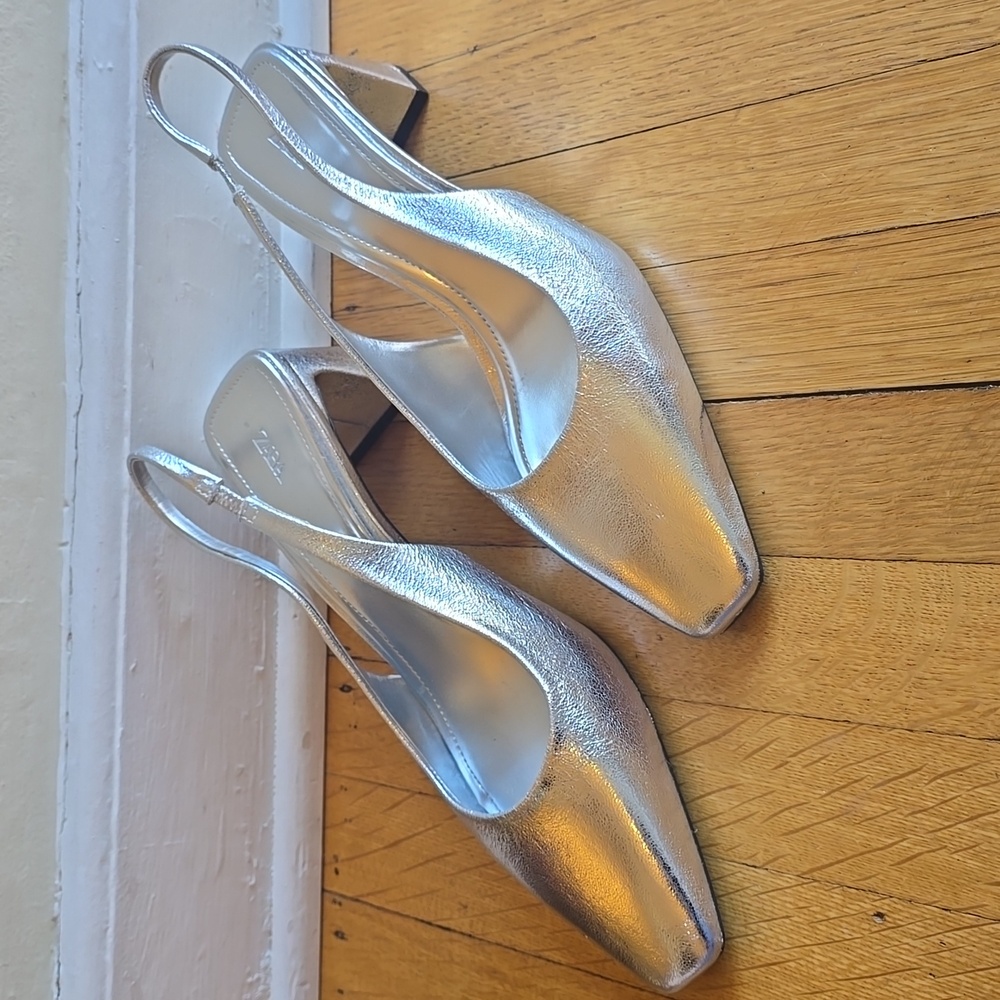Zara, Silver Metallic Slingback Heels, VGUC, Women's 42 (US 11/11.5)
